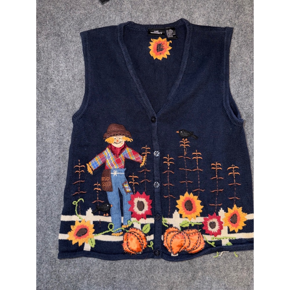 One Resource Vintage Fall Scarecrow Sunflower Knit Sweater Vest Navy Blue Large